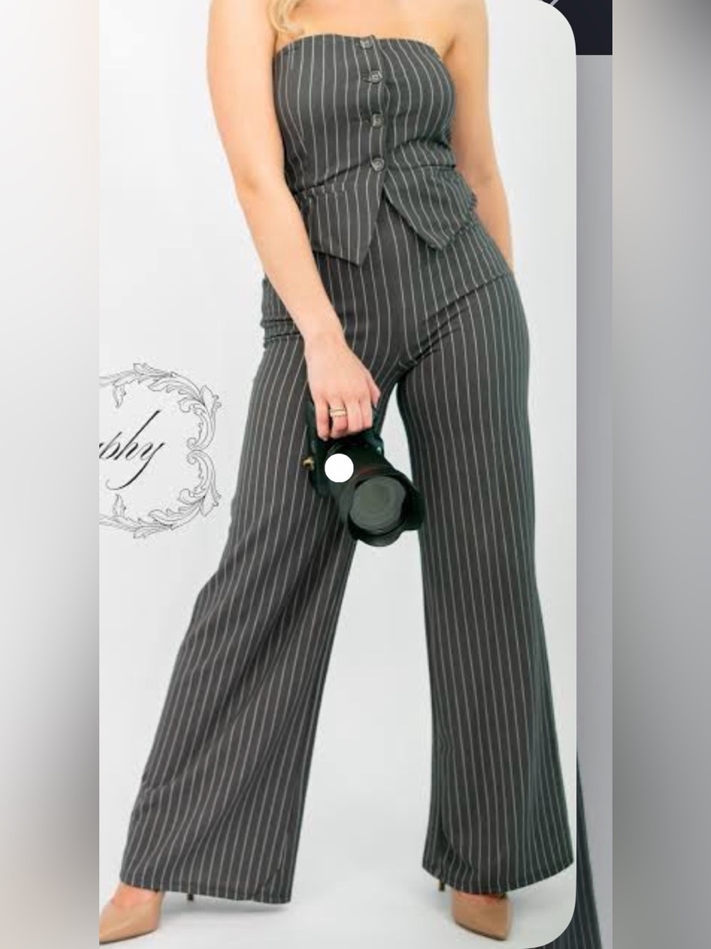 Madden Girl Wide-Leg Dark Grey Pinstripe Jumpsuit - Picture 1 of 3